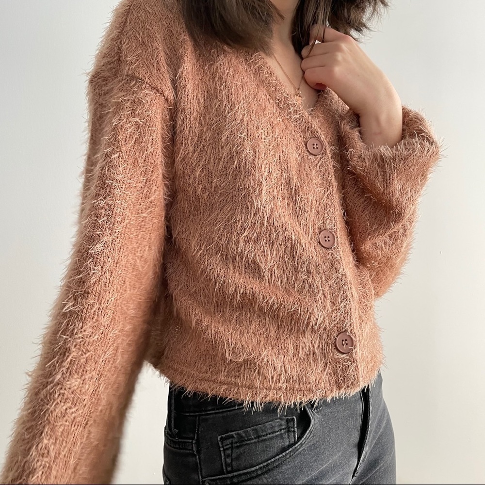 NEW SHEIN FUZZY TAN DROP SHOULDER CARDIGAN - S